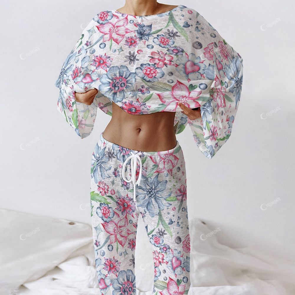 Colordate Women's Blue And Pink Flower Print Long Sleeve Cotton Homewear Set