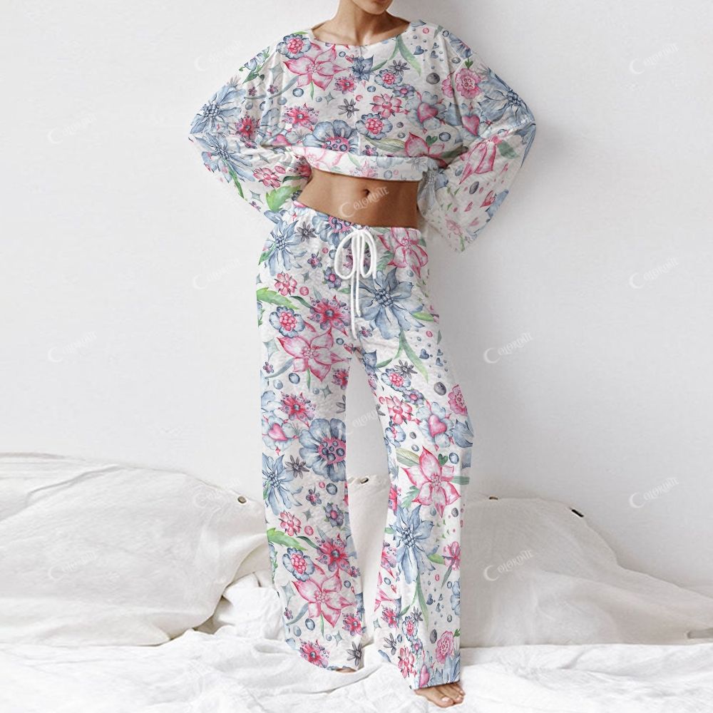 Colordate Women's Blue And Pink Flower Print Long Sleeve Cotton Homewear Set