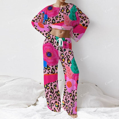 Colordate Women's Floral And Leopard Print Long Sleeve Cotton Homewear Set