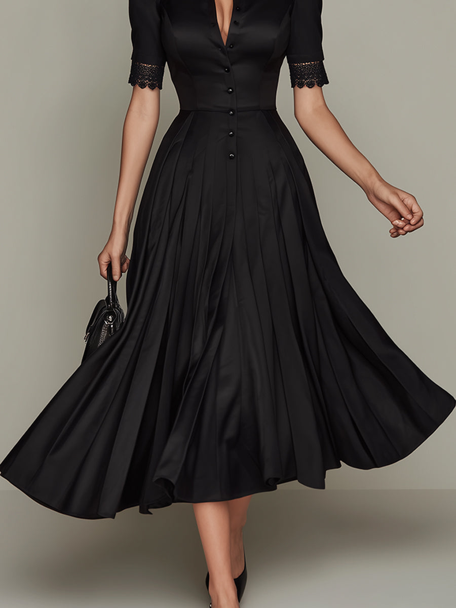 Elegant Satin Pleated Midi Dress With Lace Trim