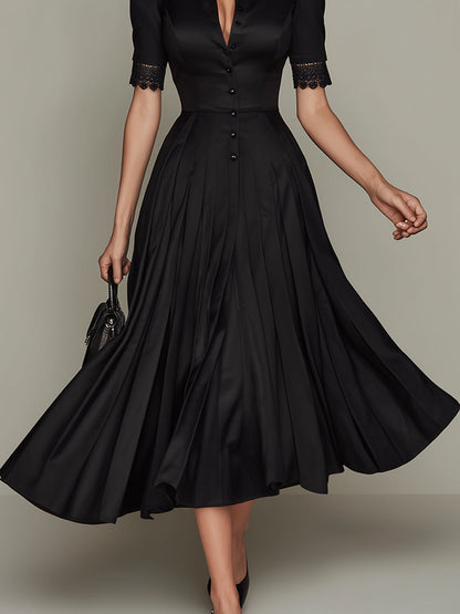 Elegant Satin Pleated Midi Dress With Lace Trim