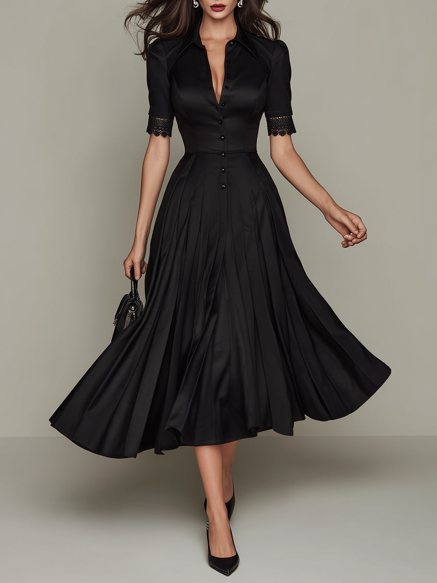 Elegant Satin Pleated Midi Dress With Lace Trim