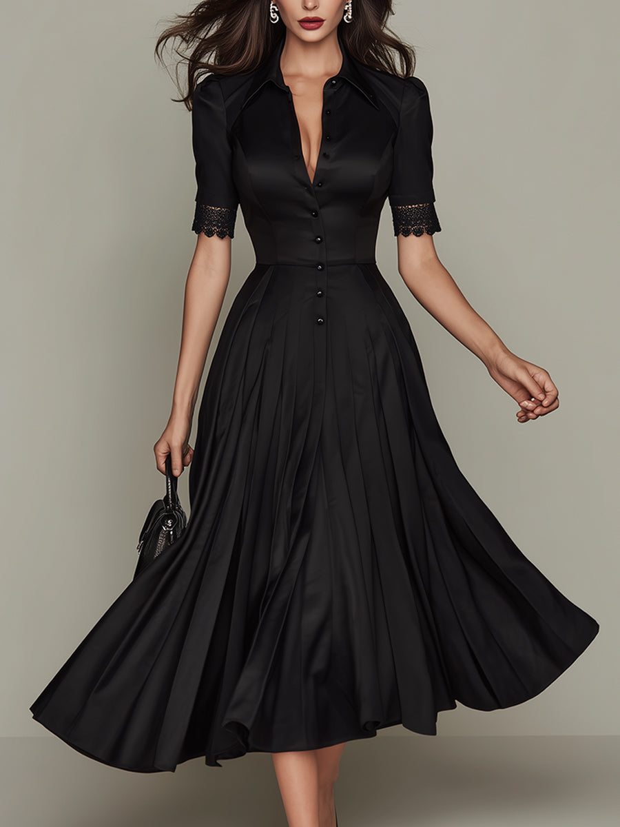 Elegant Satin Pleated Midi Dress With Lace Trim