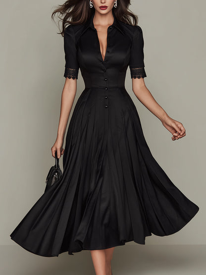 Elegant Satin Pleated Midi Dress With Lace Trim