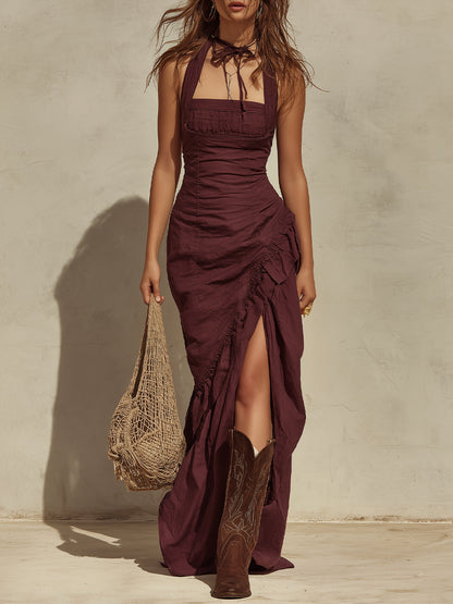 Boho Halter Maxi Dress With High Slit Hem