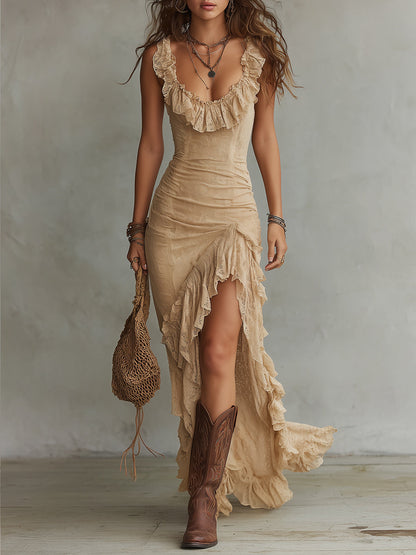 Boho Ruffled-Collar Lace Maxi Dress With High Slit