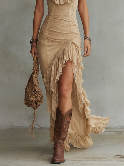 Boho Ruffled-Collar Lace Maxi Dress With High Slit