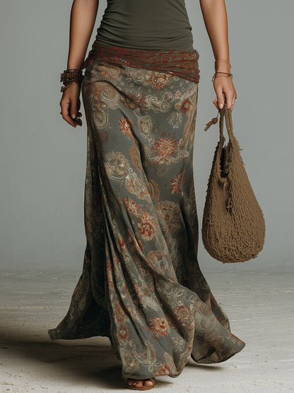 Boho Keyhole-Neck Vintage Floral Print Maxi Dress