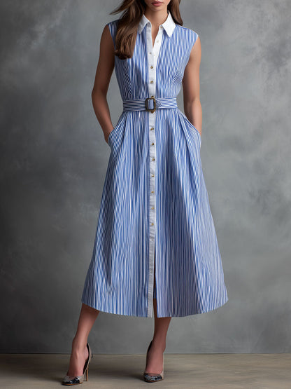 Retro Classic Blue & White Striped Belted Shirt Dress