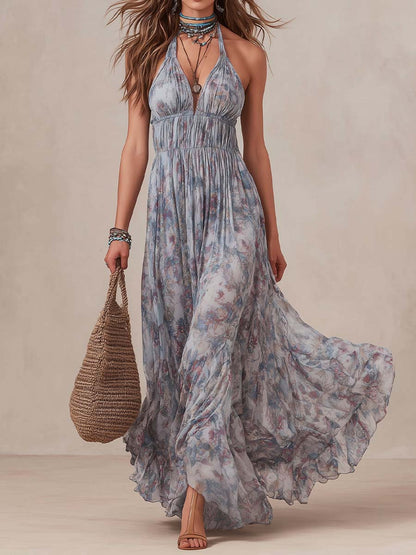 Bohemian Halter Smocked Floral Tiered Maxi Dress