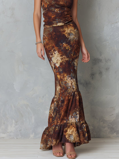 Elegant Keyhole Neck Floral Print Maxi Dress