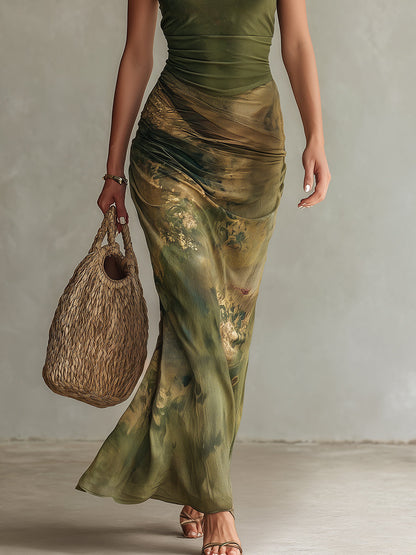 Retro Keyhole-Neck Oil Painting Print Maxi Dress