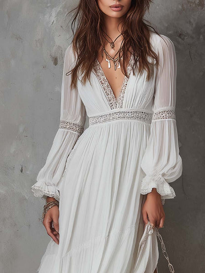 Retro Lace-Trim Slit Hem Chiffon Midi Dress