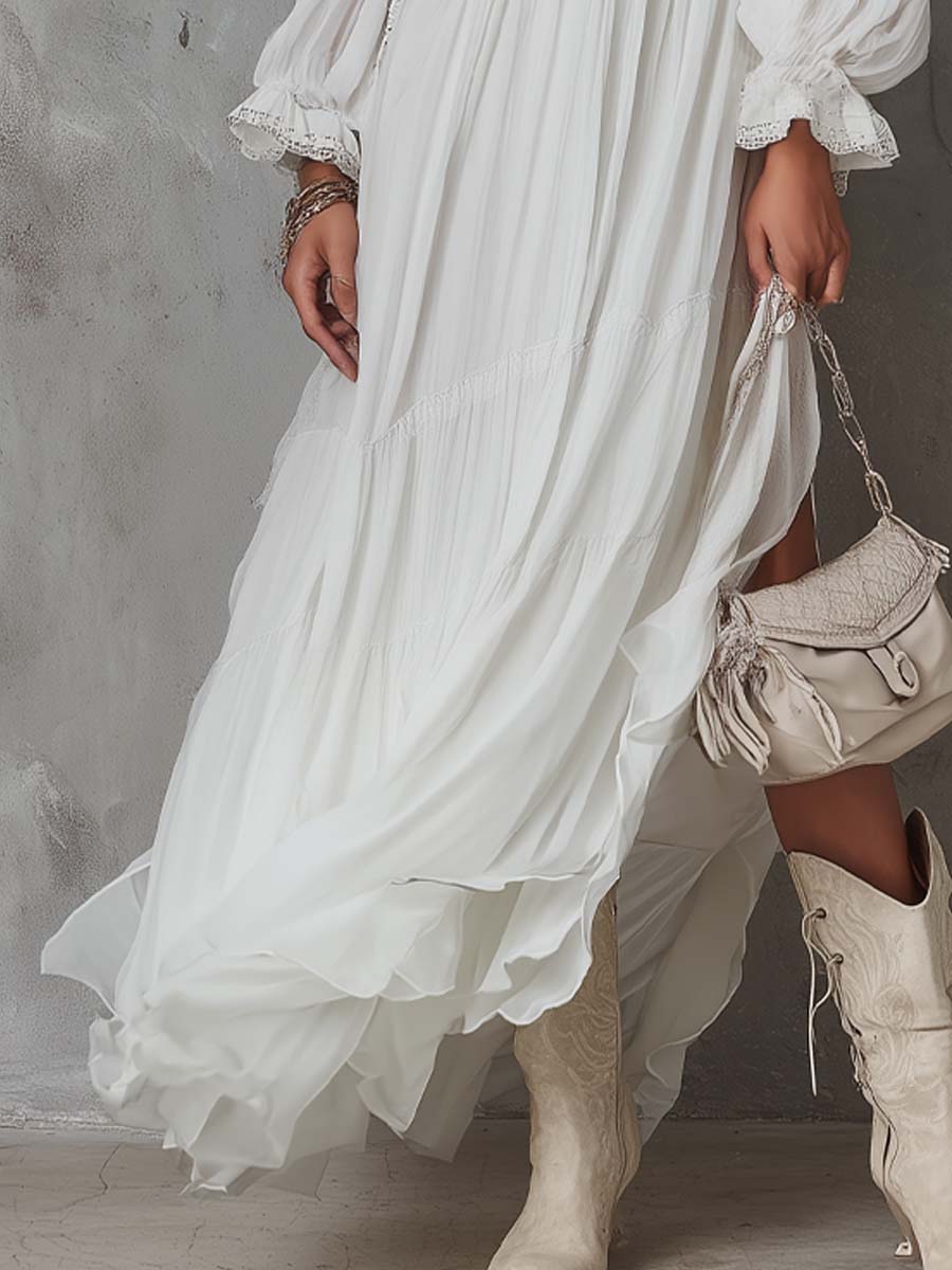 Retro Lace-Trim Slit Hem Chiffon Midi Dress