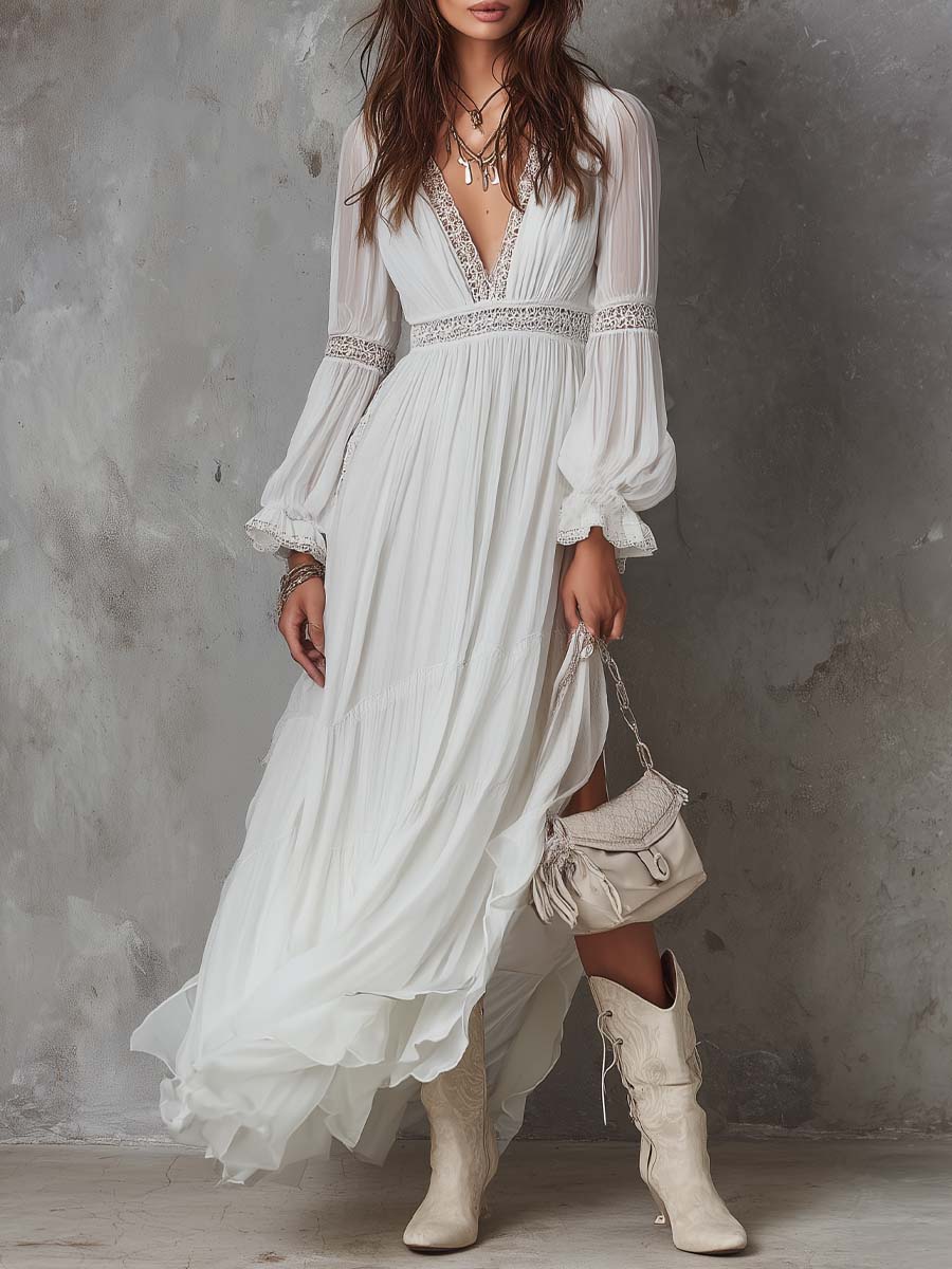 Retro Lace-Trim Slit Hem Chiffon Midi Dress