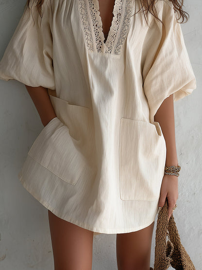Vintage Cotton-Linen Mini Dress With Guipure Lace Inserts
