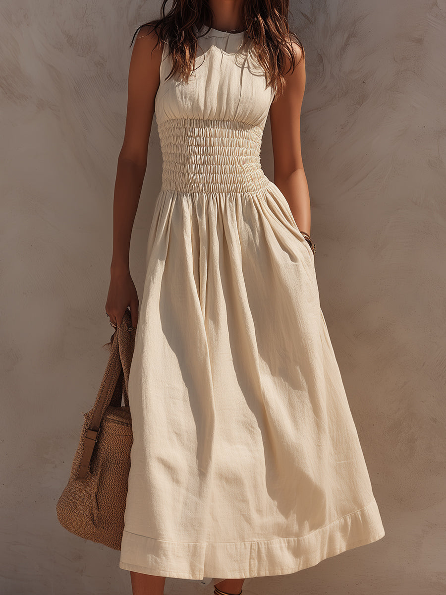 Classic Cotton-Linen Smocked Midi Dress With Side Pockets