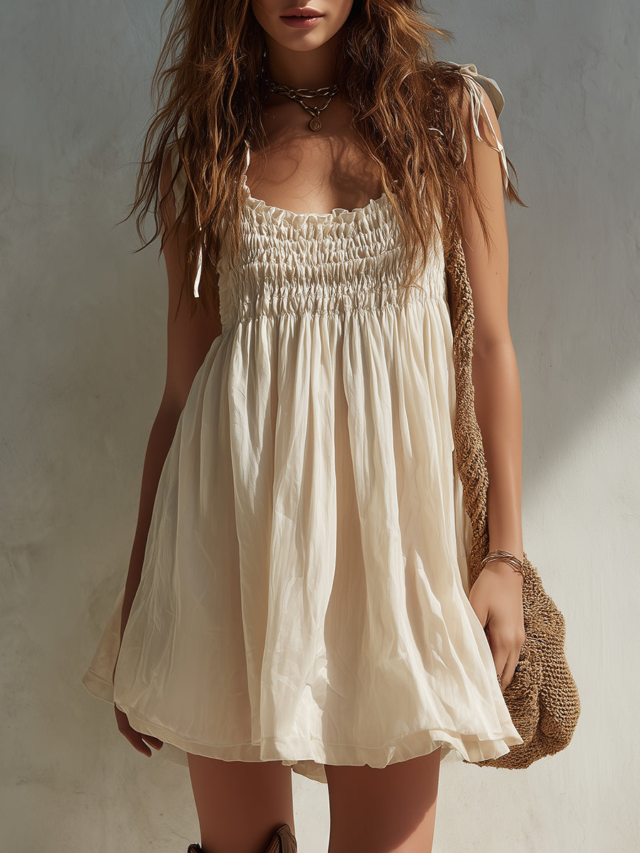 Boho Shirred Mini Dress With Shoulder Ties
