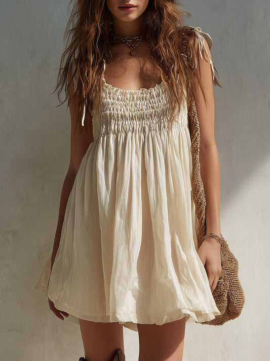 Boho Shirred Mini Dress With Shoulder Ties