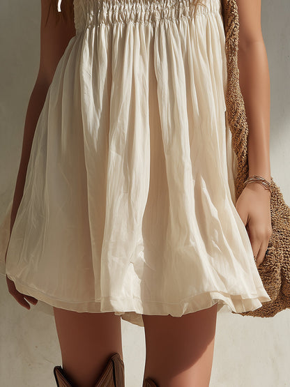 Boho Shirred Mini Dress With Shoulder Ties