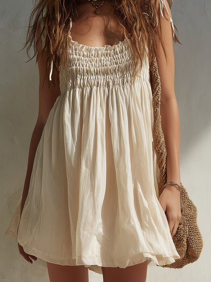 Boho Shirred Mini Dress With Shoulder Ties