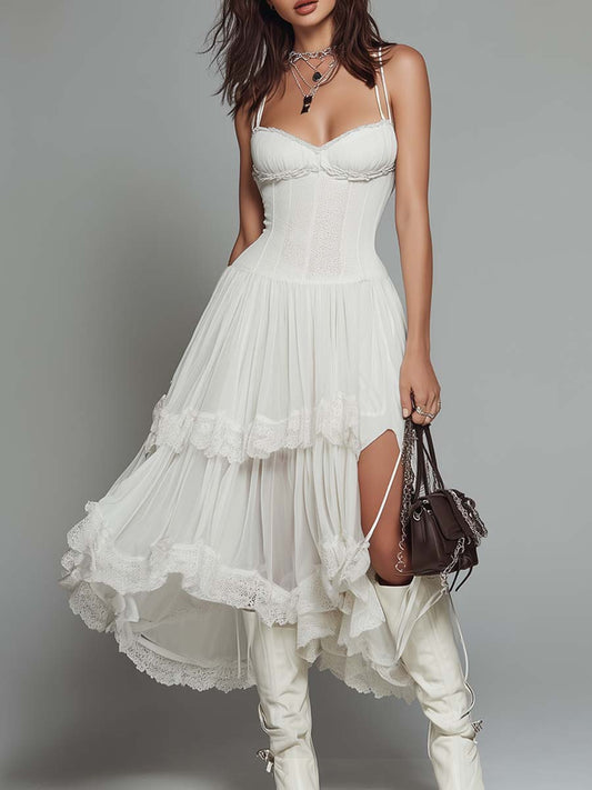 Vintage Lace Corset Chiffon Midi Dress