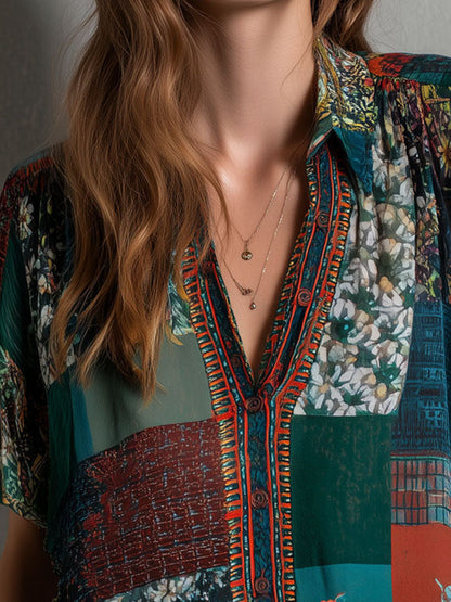 Boho Forest Mosaic Patchwork Print Button Blouse