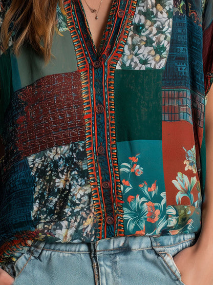 Boho Forest Mosaic Patchwork Print Button Blouse
