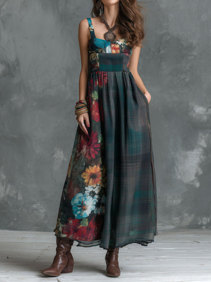 Boho Midnight Meadow Patchwork Floral Maxi Dress