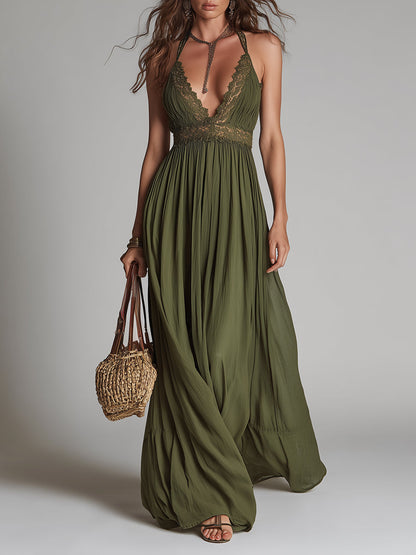 Boho Halter-Neck Maxi Dress With Lace Inserts
