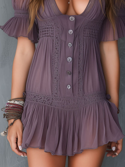 Retro Dusty Purple Chiffon Button-Front Mini Dress