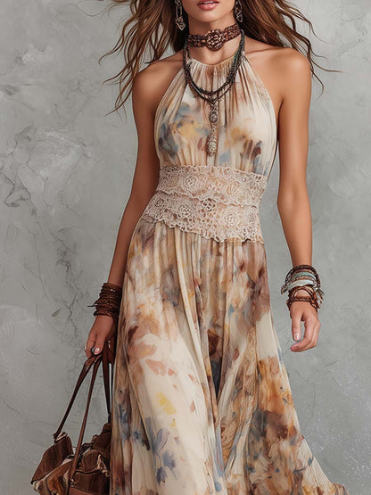 Vintage Oil Painting-Style Print Lace Trim Maxi Dress