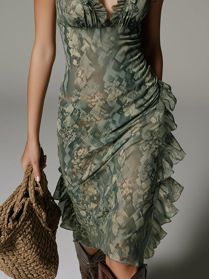 Boho Snake-Print Ruffle-Trim Chiffon Midi Dress