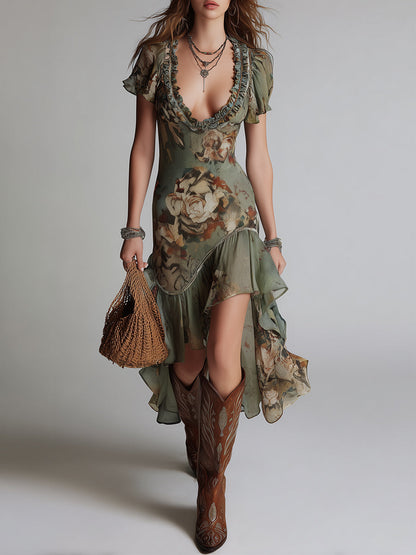 Boho Maxi Dress With Asymmetrical Ruffled Hem