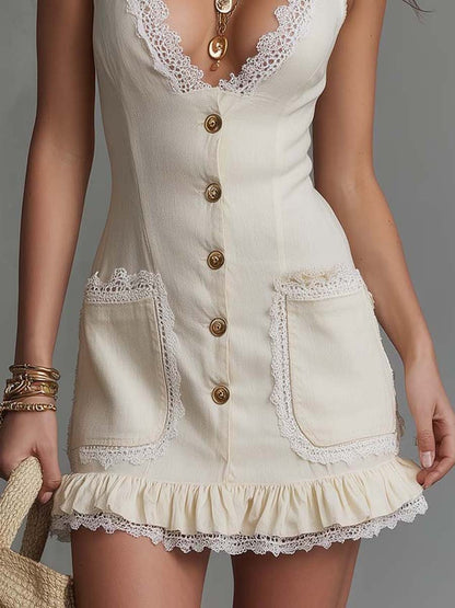Bohemian Cotton Lace Trim Button-Front Mini Dress In Cream
