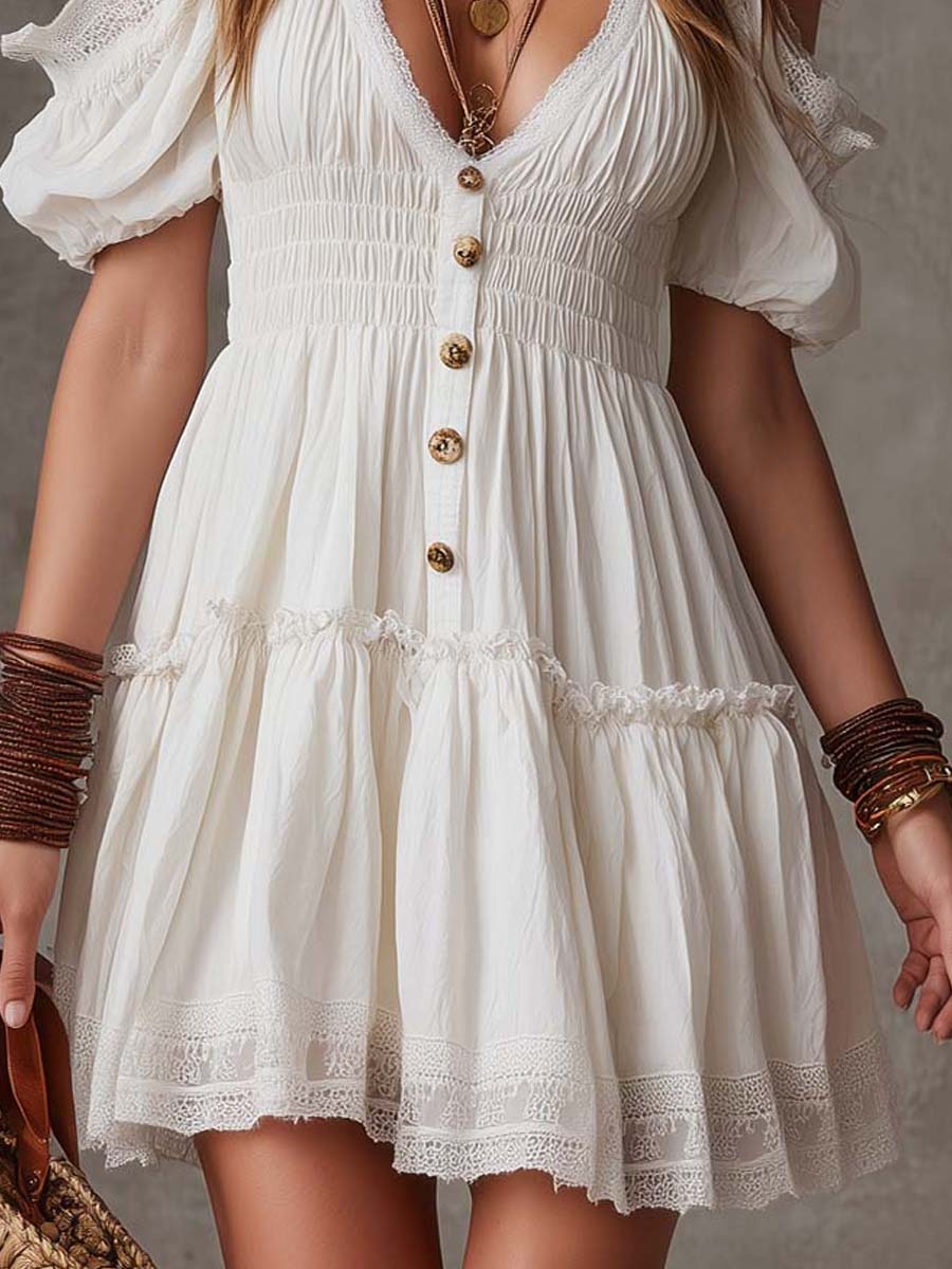 Bohemian Cold-Shoulder Button-Front Cotton Mini Dress