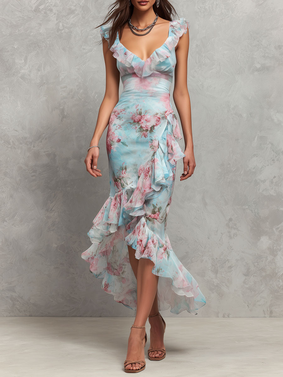 Boho Sky Blue Ruffled Floral High-Low Midi Dress