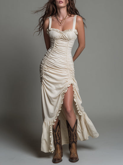 Vintage Cotton Ruched High-Slit Maxi Dress