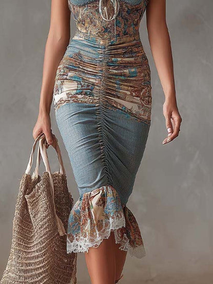 Bohemian Lace Trim Halter Ruched Vintage Print Midi Dress