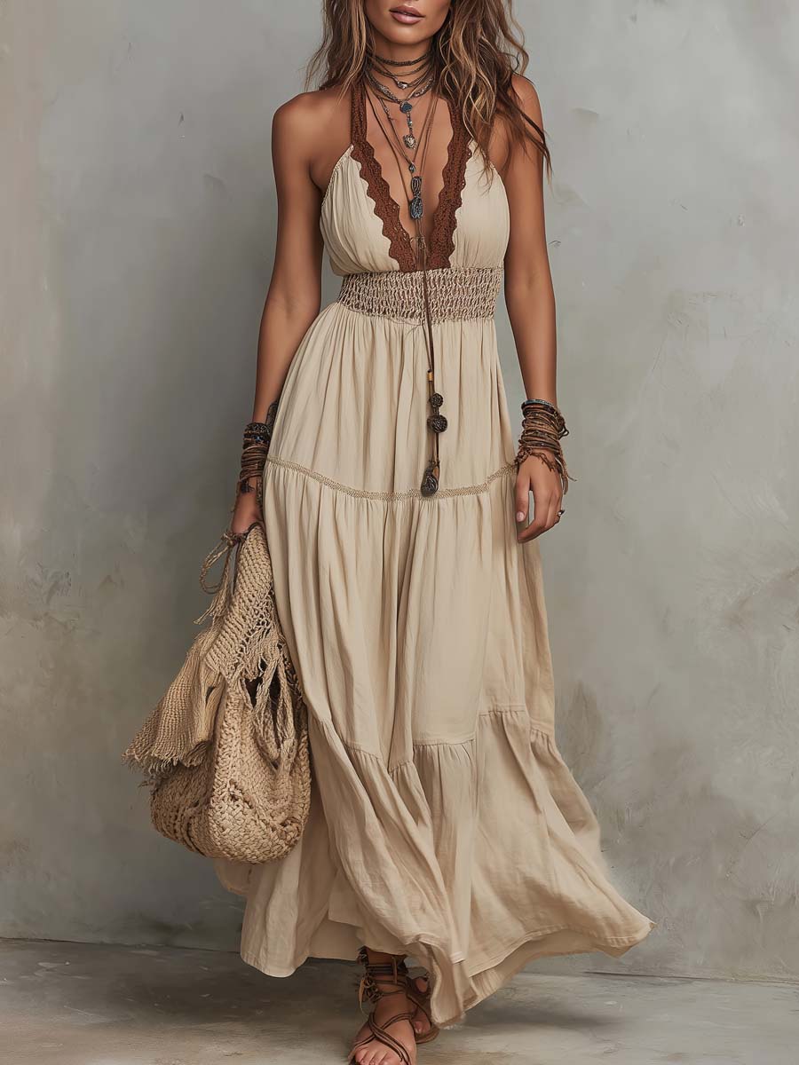 Retro Halter-Neck Contrast Lace Cotton-Linen Maxi Dress