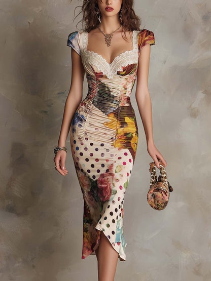 Retro Polka Dot And Painterly Floral Polyester Satin Midi Dress