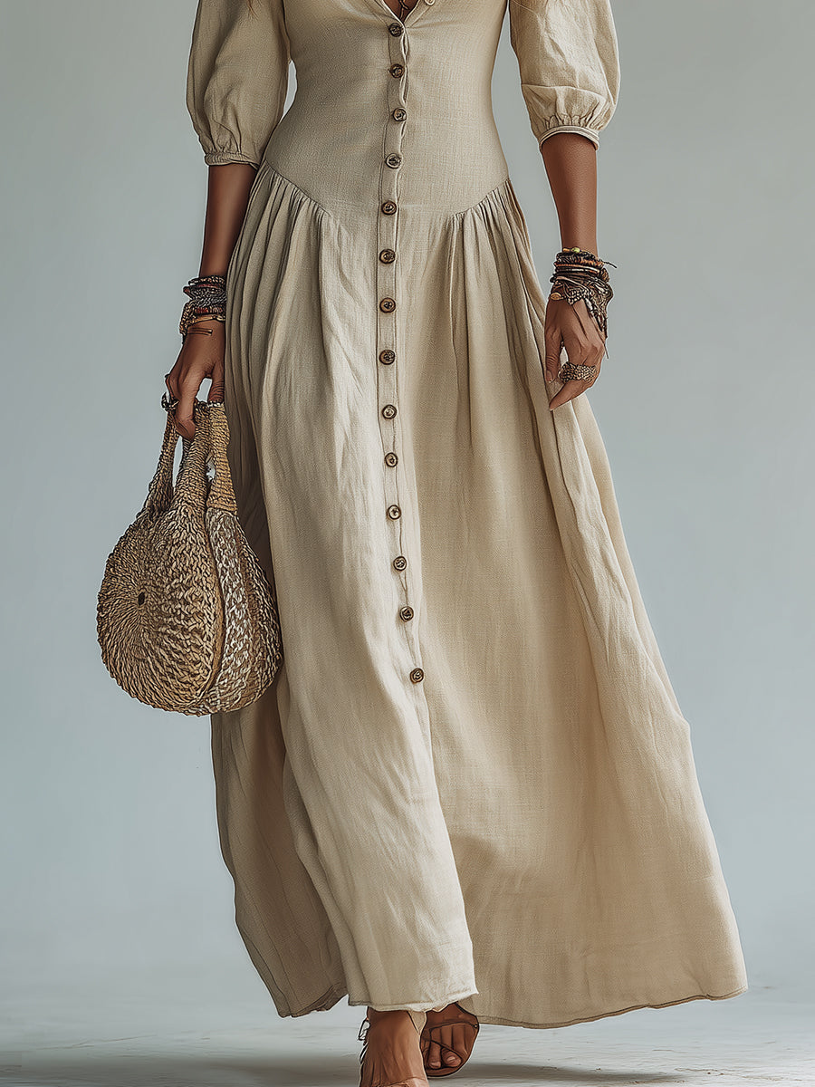 Boho-Chic Slub Cotton Button-Down Maxi Dress
