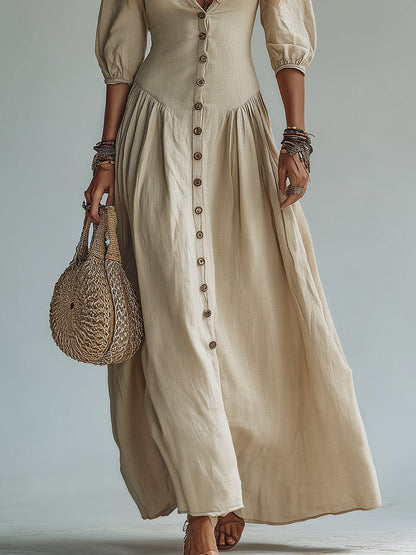 Boho-Chic Slub Cotton Button-Down Maxi Dress