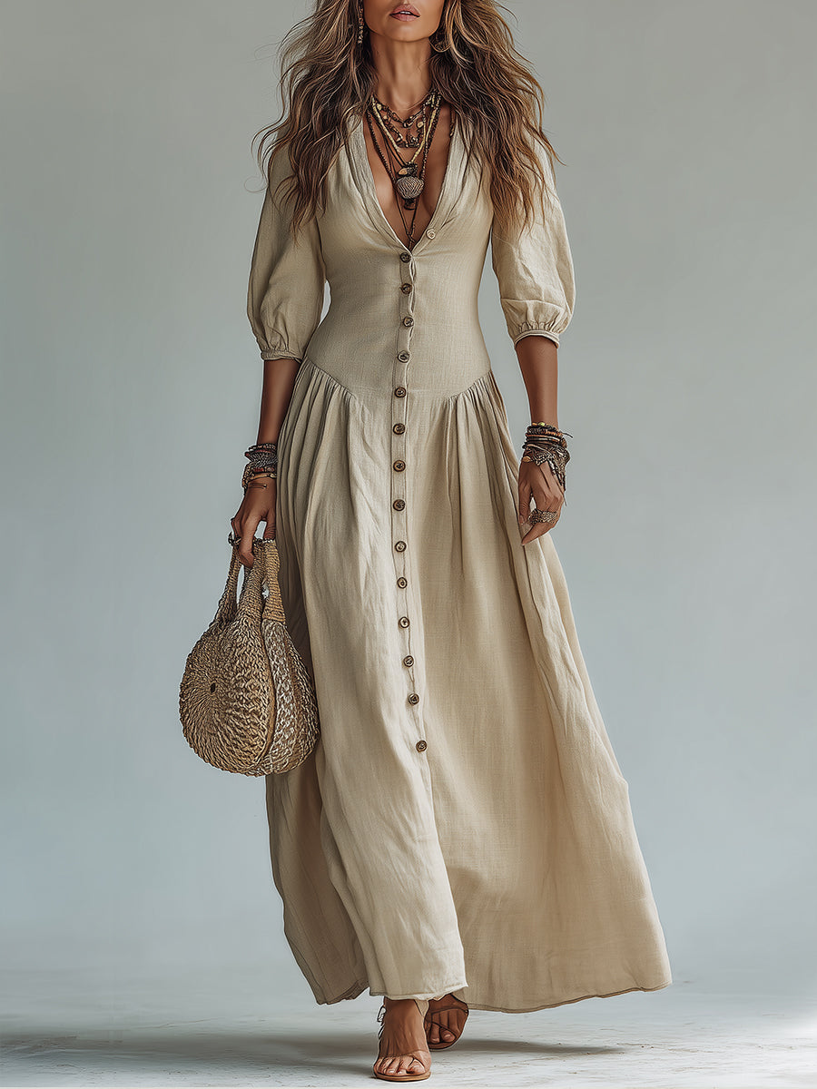 Boho-Chic Slub Cotton Button-Down Maxi Dress
