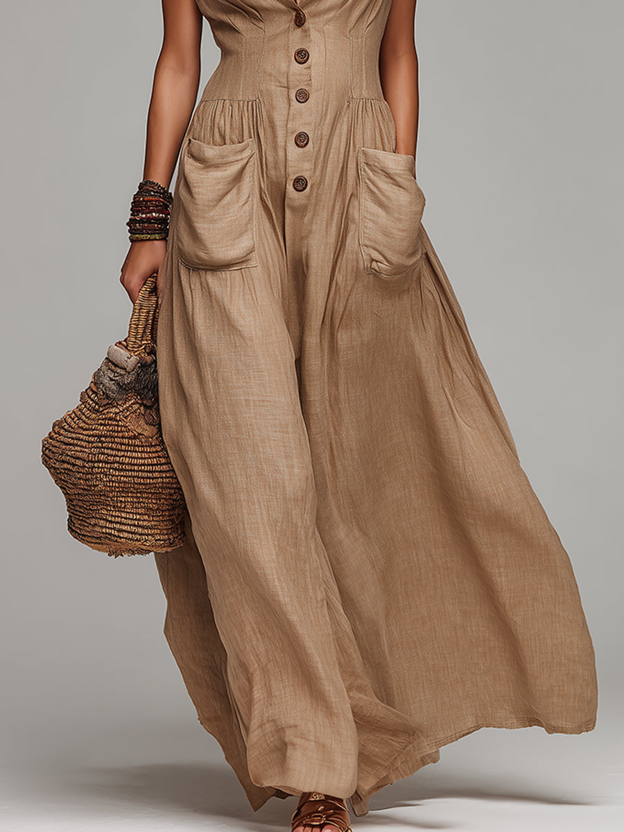 Retro Tencel Maxi Dress With Patch Pockets