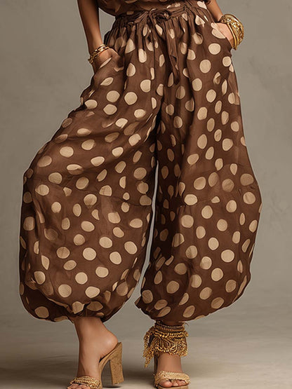 Bohemian Halter Shirred-Waist Polka-Dot Jumpsuit
