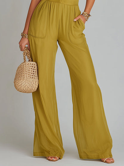 Mesh-Paneled Keyhole-Neck Wide-Leg Jumpsuit