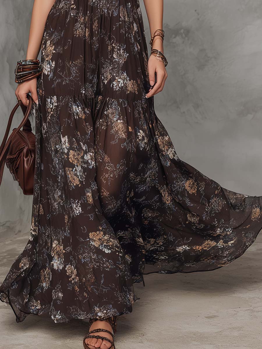Boho Halter-Neck Floral Chiffon Maxi Dress