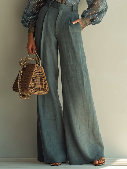 Retro Polka-Dot Blouse With Lace Trim & Cotton-Linen Pants Set