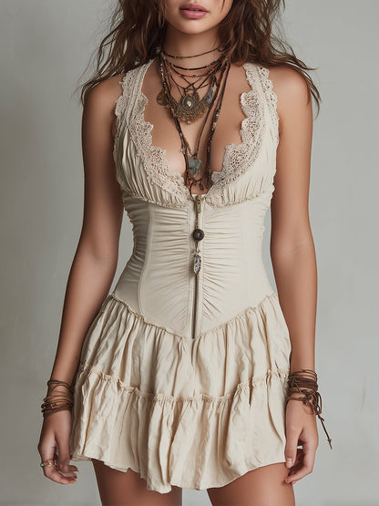 Cotton Mini Dress With Lace Trim And Ruffled Hem
